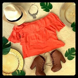 Bold salmon off the shoulder shirt